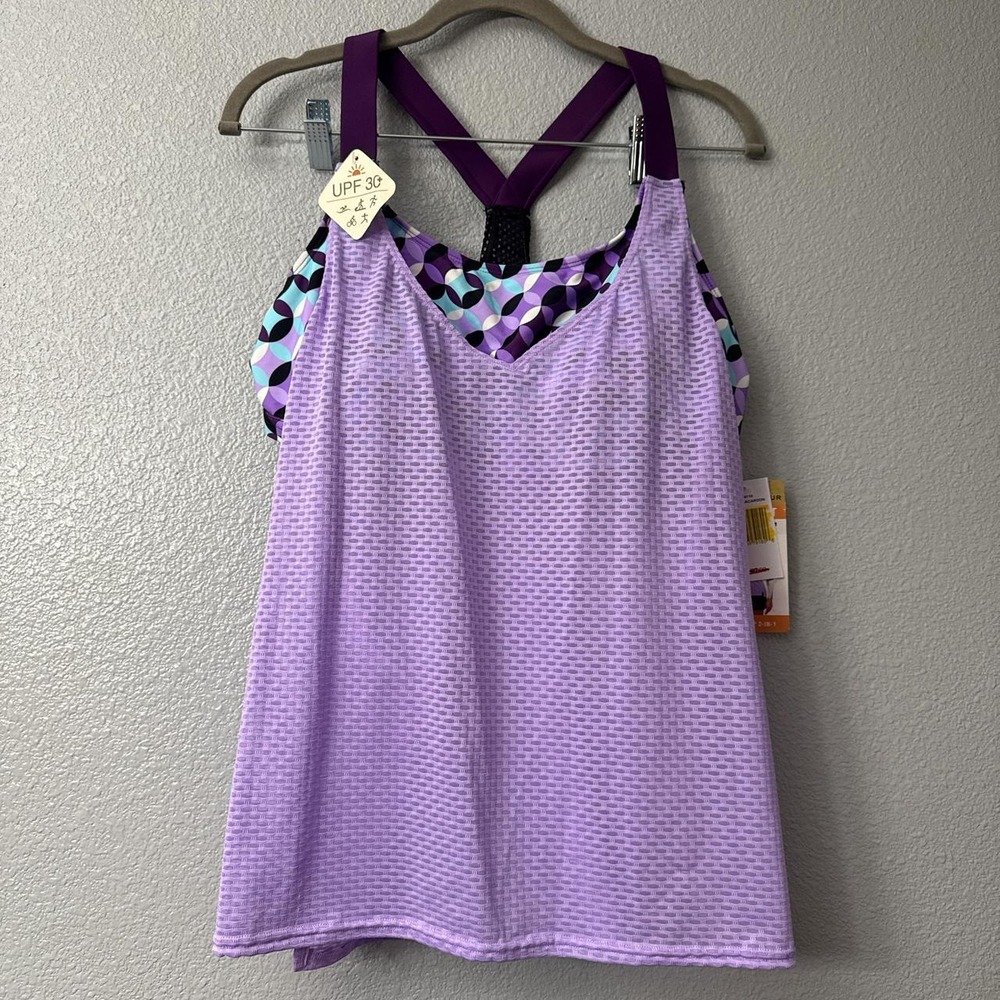 ZEROXPOSURE Purple Striped 2 in 1 Mesh Tankini Top Wide Strap UPF 30+
